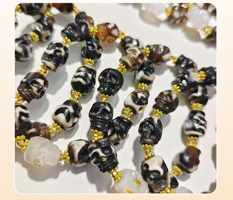 Close-up of agate skull bracelet beads